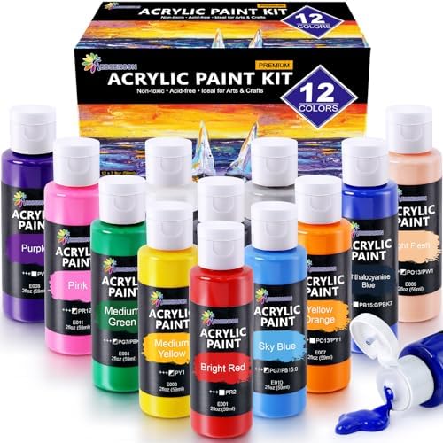 ESSENSON Acrylic Paint, 12 Colors Acrylic Paint Set, 2oz/59ml Bottles, Premium Paints for Artists, Kids, Beginners and Adults on Canvas Rocks Wood Ceramic Fabric