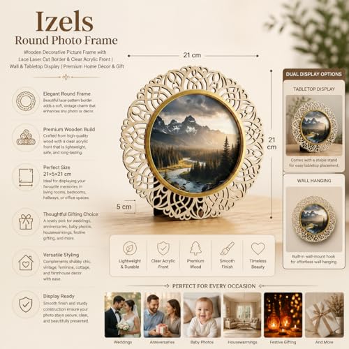 Image of Round Photo Frame | Wooden Decorative Picture Frame with Lace Laser Cut Border & Clear Acrylic Front | Wall & Tabletop Display | Premium Home Decor & Gift (21X21 Cms)