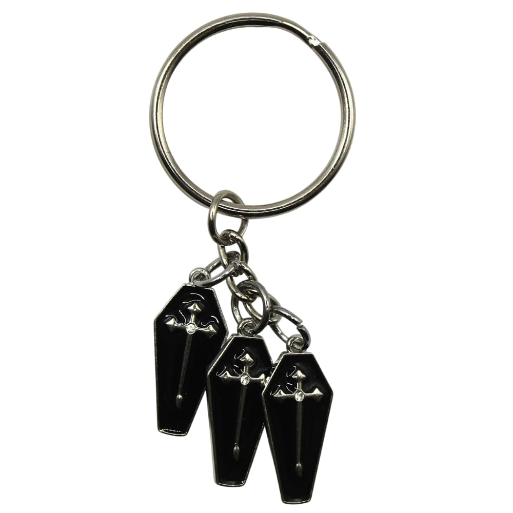 Coffin Keyring with Three Enamel BLACK Coffin Gothic Charms