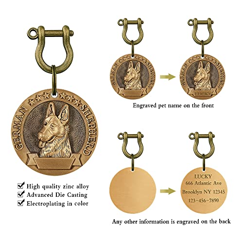 Personalized Dog Leather Collars Id Tags Sets With 3D Breeds Effect,Laser Engraved Customized Alloy Name Tags For Small,Medium,Large Dog Brass Plating -German Shepherd #TOP1