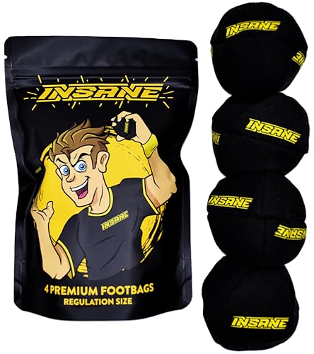 Insane Premium Footbag 4 Pack, 8-Panel Synthetic Suede Hacky Sack Set with Signature Gift Pouch