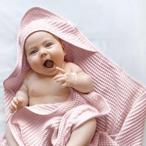 Image of Waffle Baby Blanket with Hood | 100% Cotton Muslin Baby Towel | Soft & Lightweight Newborn Swaddle Wrap (36x42 Inches, Dark Grey)