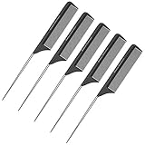 Professional 8.8 Inch Tail Comb (5 Pack) - Black Carbon Fiber And Stainless Steel Pintail - Chemical And Heat Resistant Teasing Comb - Lightweight Rat Tail Comb For All Hair Types