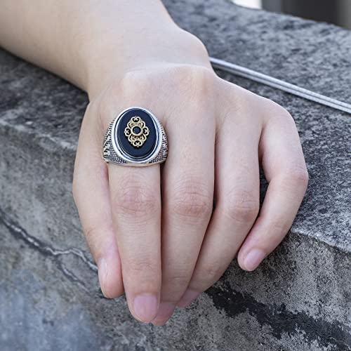 Turkish Handmade Ottoman 925 Sterling Silver Black Onyx Stone Men's Ring with Jewelry Box,Black Agate Crown Carved Personality Ring,Fashionable Classic Design Handmade Jewelry, Festival Anniversary Birthday Gemstone Gift for Him (Size 8 to 12)2
