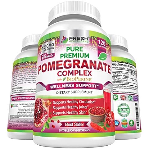 Premium Pomegranate Juice Powder Supplement 1200mg, Supports Healthy Blood Pressure, Joints, Skin & Anti Aging with Bioperine Black Pepper, Powerful Antioxidant with Vitamin C & K, 120 Vegan Capsules Cover