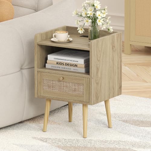 Image of MECHYIN Night Stand Set 2, Nightstands Set of 2 with Charging Station, Rattan Side Tables with Solid Wood Legs, Boho Bedside End Table for Apartment Bedroom Dorm Small Space