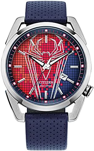 Citizen Eco-Drive Men's Marvel Spider Man Watch in Stainless Steel with Blue Polyurethane Strap, Spider Man Art Blue Dial, 3-Hand Date, 42mm (Model: AW1680-03W)