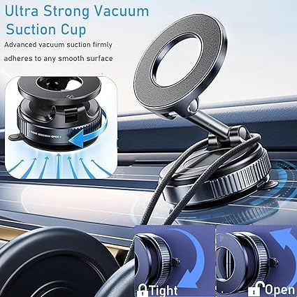 Image of Magnetic Phone Holder with Vacuum Suction Cup Strong 360 Adjustable Swivel Stand for Car Dashboard, Mirror, Kitchen, Gym & Smooth Surfaces Upgraded Locking Mount