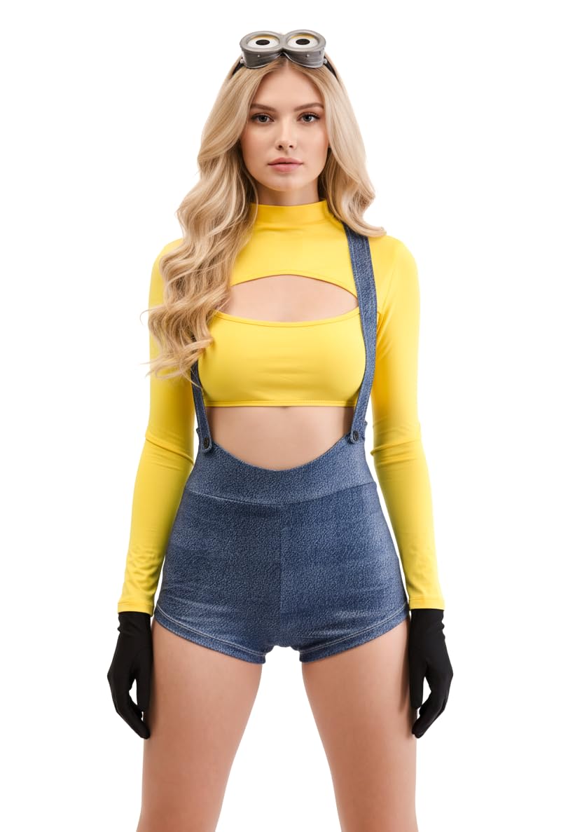 Photo 1 of Playhaus Costumes Yellow Mini Worker Costume - Women Tiny Chaos Outfit, Adult Halloween Festival Party Cosplay Set (Small - S)