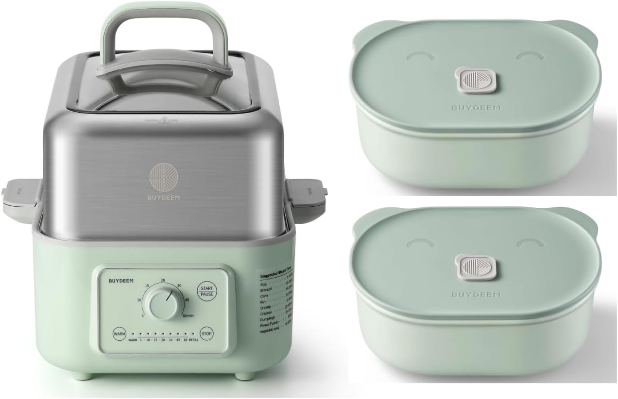 BUYDEEM G52 5.3 Quart Electric Food Steamer Bundle with Two Ceramic Food Storage Container Cozy Greenish 17 oz
