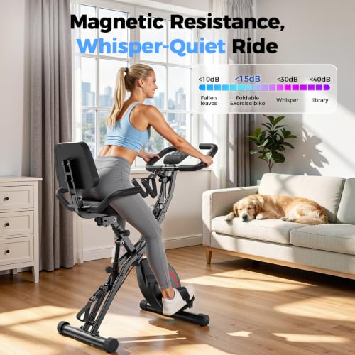 Image of PLENY Folding Exercise Bike, 5 IN 1 Indoor Stationary Bikes for Home | Workout Bike with 6.6 LBS Flywheel, 16-Level Adjustable Magnetic Resistance, 330LB Weight Capacity, Back Support Cushion