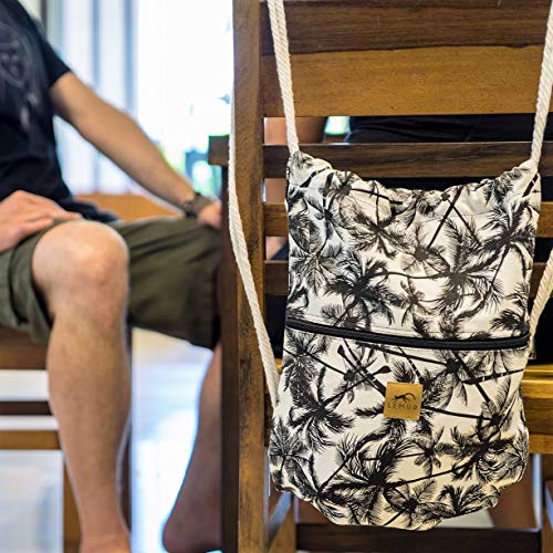 Lemur Bags - Durable Canvas Drawstring Backpack With Secure Zippered Pocket (Tropical Palm) #TOP5