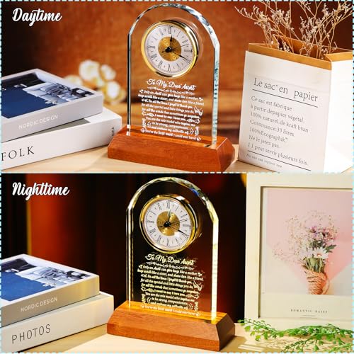 Image of Arikyrist Aunt Gifts from Niece Nephew with Wooden Light Base Meaningful Glass Clock Aunt Birthday Gifts Unique Presents for Best Auntie Christmas Mother's Day Thanksgiving Table Decor