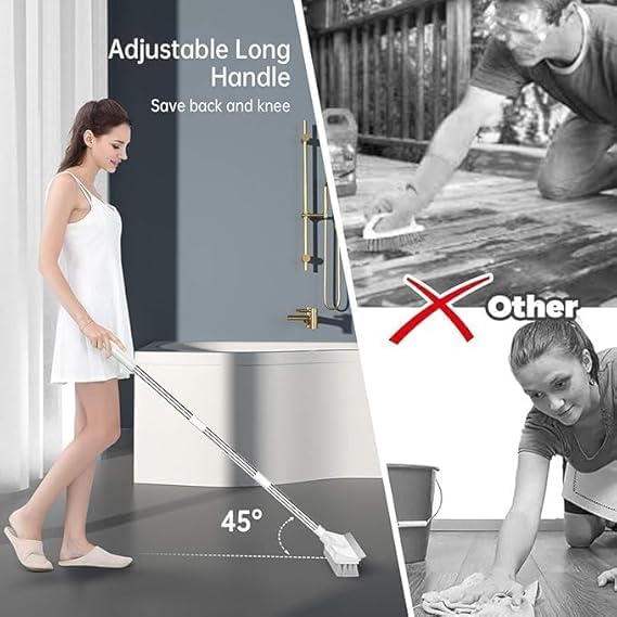Image of Plastic 2 in 1 Bathroom Cleaning Brush with Wiper, Tile Cleaner Brush, Long Handle, White