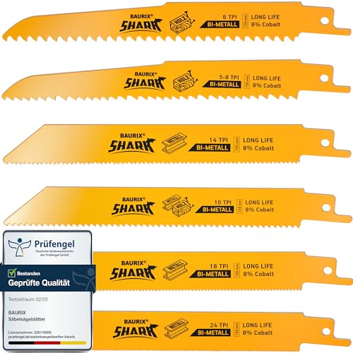 BAURIX® Sierra sable de calar - SHARK® [6 piezas] - 150 mm - 5/8 a 24 TPI - Hojas sierra sable para cortes rápidos y limpios - Sierra de Sable para clavos, metal, plástico y madera - Hoja Sierra metal