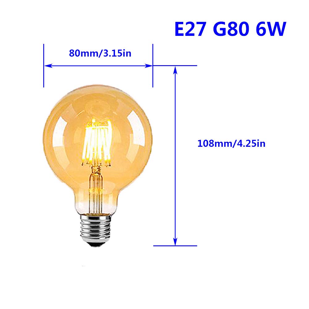 Edison Vintage Bombilla LED E27 Bombilla Globo Bombilla G80 6W Blanco Cálido 2800K Equivalente 60W Bombilla Halógena Filamento Cristal Ámbar Ideal para Iluminación Nostálgica Retro (Pack de 8)