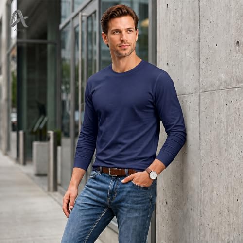 Image of Men's Long Sleeve T-Shirt 100% Cotton Plain Crew Neck Casual Regular Fit Soft Basic Tee for Men