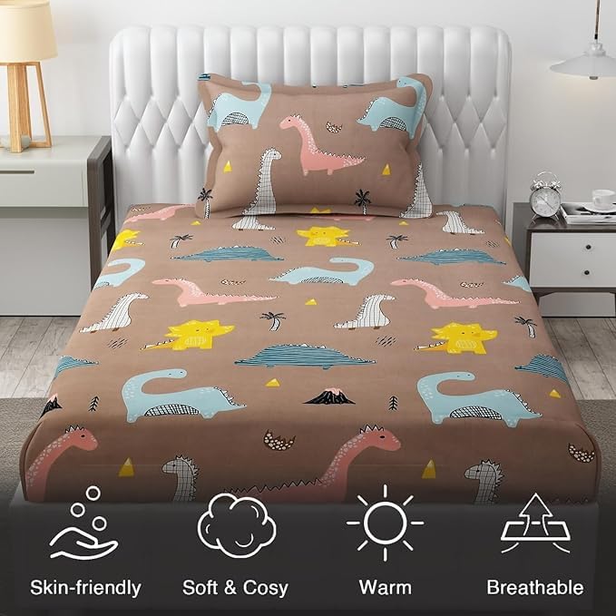 Image of RD FABS Wrinkle Free Glace Animal Print Cotton Bedsheet for Kids Single Bedsheet with One Pillow Cover (Size - 60X90 Inches /Rosy /Dinosaur), Multicolor, 144 TC