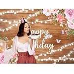 Happy Birthday Backdrop for Women Rustic Wooden Butterfly Happy Birthday Banner Decorations Glitter Lights Pink Floral Party Decoration Background for 20th 30th Women Girl 7X5ft(84x60 inch) - Image 2