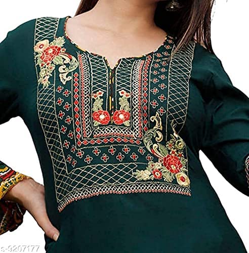 Image of Women Ethnic Set of Rayon Crop Top Skirt and Shrug || Classy Crop Top Kurti with Skirt and Shrug Jacket || Embroidered Ethnic Kurta Set (X-Large, Bottle Green)