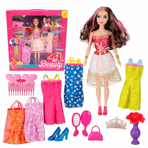 Image of SHAKTISM Doll Set for Girls with Makeup, Dress, Accessories, Wardrobe Closet, Hangers, Necklace, Multicolor, 3 Years and Up (Musician Beauty Doll)