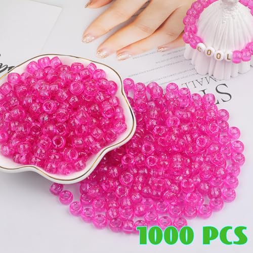 Image of 1000Pcs Pony Beads Bracelet 9mm Hot Pink Glitter Plastic Barrel Pony Beads for Necklace,Hair Beads for Braids,Key Chain,Jewelry Making (Hot Pink Glitter)
