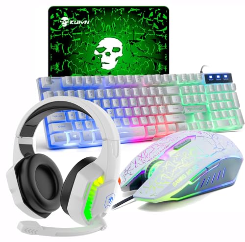 Juego de Teclado y ratón para Juegos 4 en 1 con retroiluminación de Arco Iris y Teclado para Juegos USB + 2400DPI 6 Botones LED Arco Iris USB para Juegos + Auriculares para Juegos + Almohadillas de