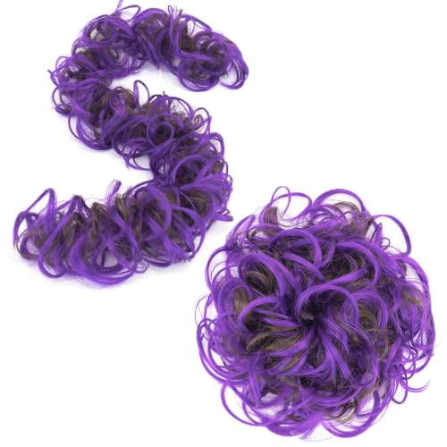 IMISSU Large Size Hairpiece Curly Messy Hair Bun Wrap Scrunchies Elastic Hair Band Donut Updo Chignon Hair Extension Piece for Women Girl (Brown Violet)