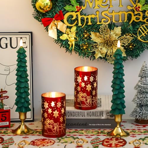 Image of Lezonic Christmas Flameless Candles with Remote, Green Christmas Tree Flickering Battery Operated Window Candlesticks, Red Glass Xmas New Year Decorations Gifts, Set of 4 Real Wax LED Candles