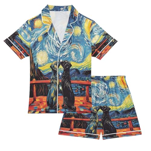 ALAZA Black Dog Love Galaxy Nebula Van Gogh Satin Pajamas Set Short Sleeve Button Down Sleepwear Summer Pjs 2 Piece