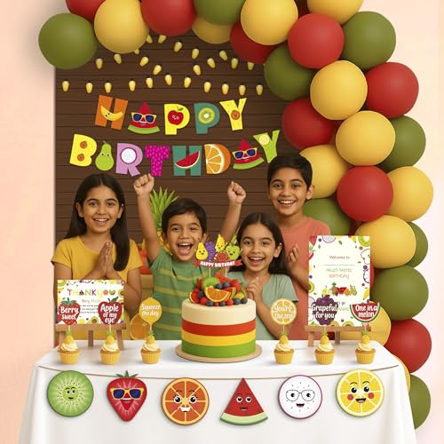 Image of Just Party Fruits Theme Party Decoration - 100 pcs Happy Birthday Decoration Kit for Kids | Fruits Theme Birthday Decoration Items for Boys & Girls |Includes Balloons, Backdrop Curtain, Props, Banners