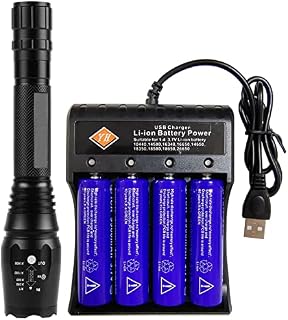 VISVIC Bright Torch, 4-Slot Universal Charger, w/4 Button Top Rechargeable Batteries, 5 Mode Waterproof Zoomable LED Flashlight, USB Smart Charger for Outdoor Camping Night Fishing