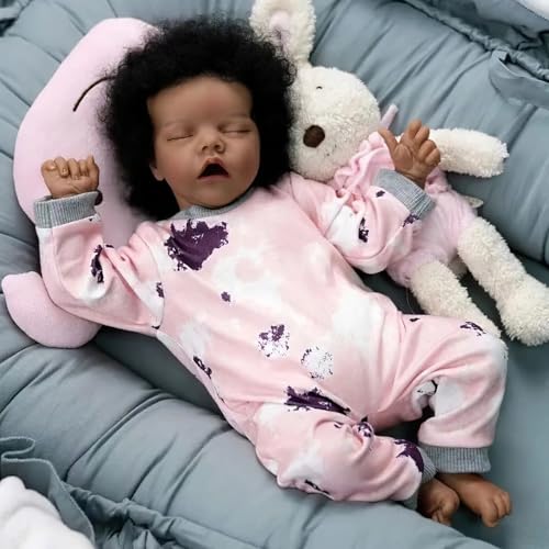 Muñeca Reborn 18" Africana con Pelo Rizado y Onesie Rosa miniatura 3