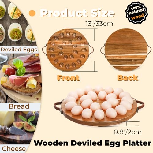 Image of Hiceeden Acacia Wood Deviled Egg Platter with Handles for Easter, 24 Holes Round Deviled Egg Tray Container, Reversible Charcuterie Board Egg Plate Serving Tray for Countertop