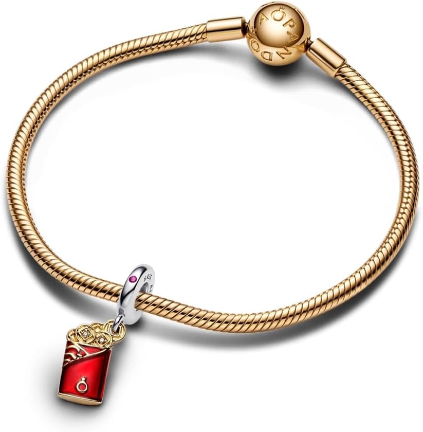 PANDORA Moments Two-Tone Red Envelope Dangle Charm - Sterling Silver and 14K Gold-Plated Charm with Enamel - Jewelry for Women - Includes Gift Box