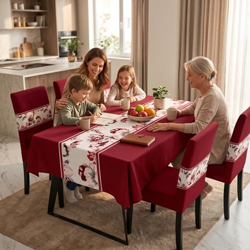 Image of Styleys Dining Chair Cover with Table Covers for Kitchen Waterproof Dining Table Cloth (1 Table Cover + 4 Chair Cover, Floral Wine, K722)