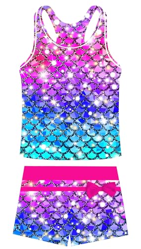 Image of UNIFACO Girls Swimsuits Two Piece Tankini Bathing Suits Boyshort Summer Beach Rash Guard Swimwear for 4-13T