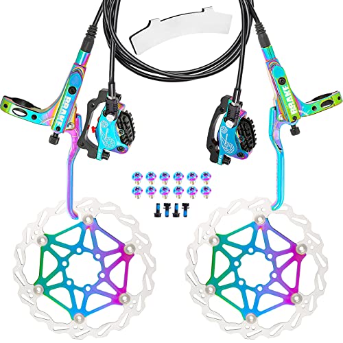 Jfoyh 2022 New Upgrades 4-Piston Pre-Bled Hydraulic Disc Brake Set For Mountain Bike, Mtb Disc Brake Kit With 160Mm Cooling Floating Rotors, Origial Pads - Rainbow #TOP8