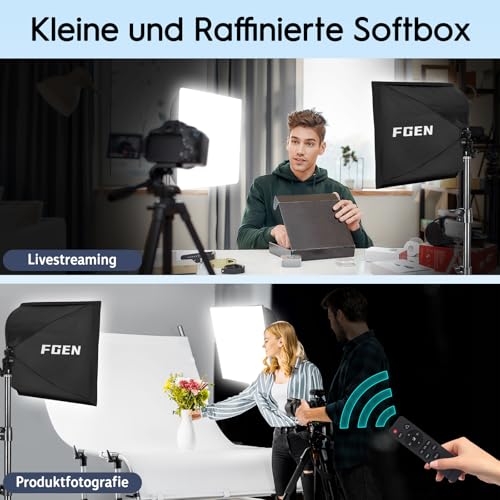 FGen Softbox Set,1x40x40cm Softbox Licht Kabellänge 300cm mit 85W 2700-6400K Einstellbarer LED Birne und 150cm Stativ,für Studio Portraits,Videoaufnahmen und Produktfotografie