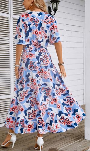 Image of Kormei Women Short Sleeve V Neck Floral High Low Flowy Summer Party Long Maxi Dress