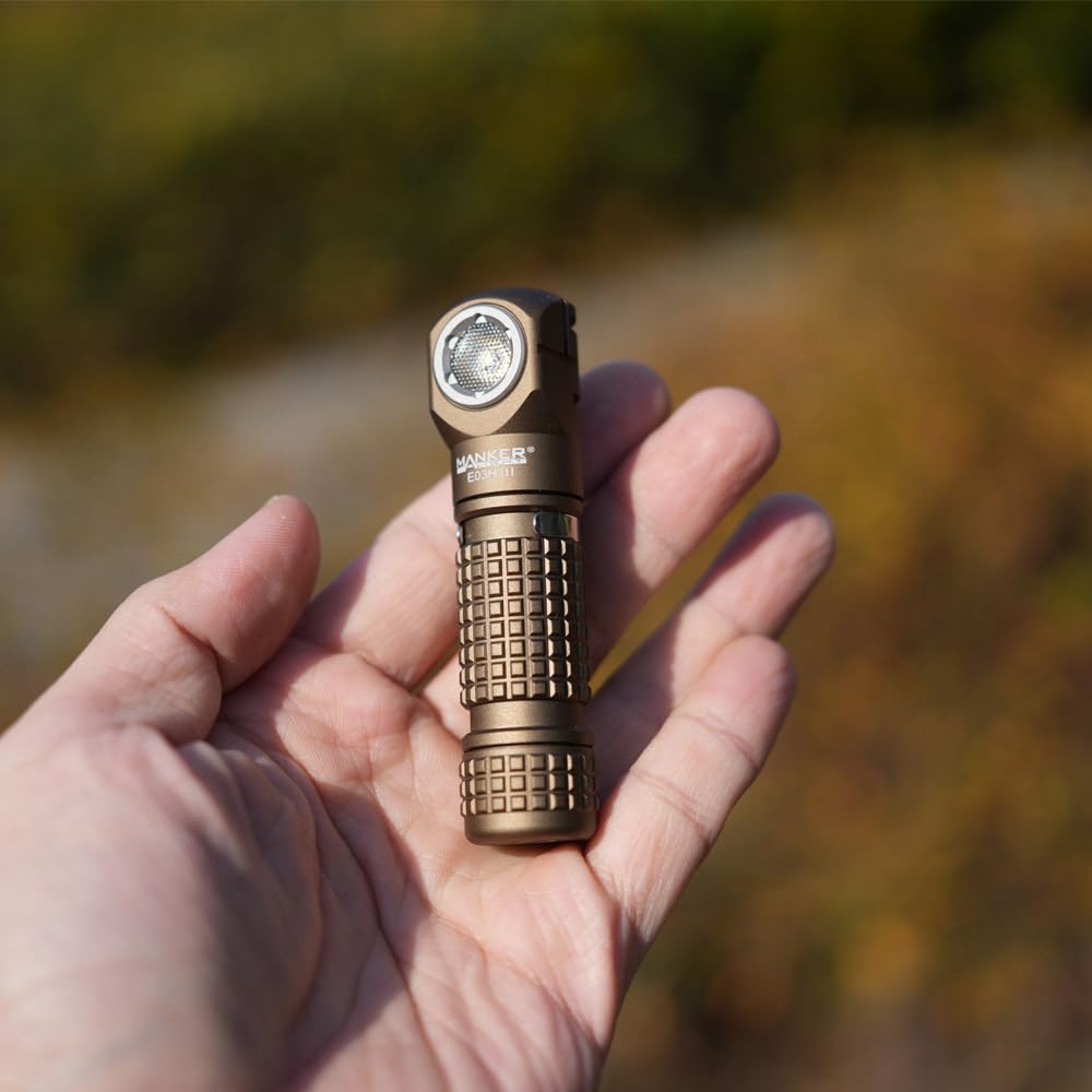 Manker E03H III Rechargeable Headlamp Pocket Mini Flashlight with Clip - 90 Degree EDC Right Angle Flashlight with Headband and Magnet Tail (4000K High CRI 519A, Sand)