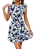Floerns Women's V Back Inslace Layered Ruffle Hem Flutter Sleeve Dress Blue White Floral L