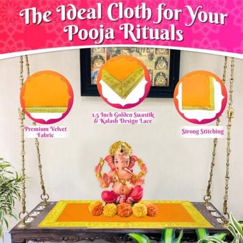 Image of Bhakti Lehar (10 x 30 Inch) Plain Orange Velvet Pooja Aasan for God Idol /Chowki Aasan Kapda Cloth for Temple Shelf Home Mandir, Ganesh Baithak and God Idol Sitting - Pack of 2