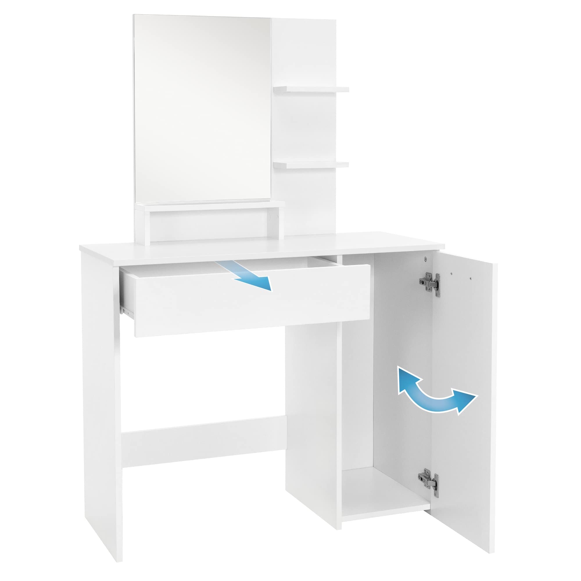 ML-Design Juego De Tocador con Taburete 90 x 38 x 138 cm Blanco Moderno con Espejo 2 Cajones 3 Compartimentos Abiertos Mesa de Maquillaje Cosméticos Almacenamiento Tablero De Aglomerado Dormitorio