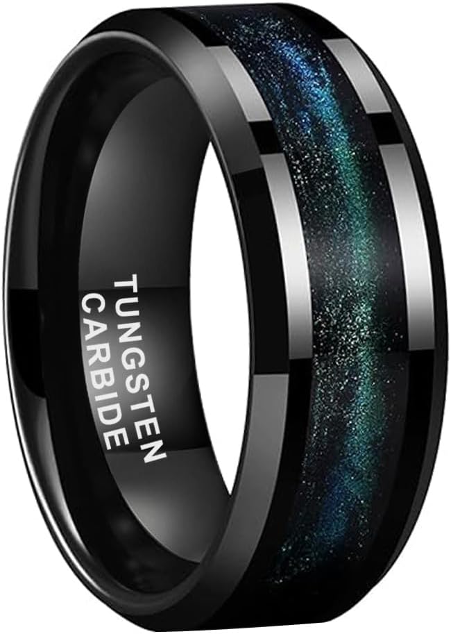 TUTISS 8mm Black Tungsten Rings for Men Women Flowing Sand Inlay Fashion Engagement Promise Wedding Band Beveled Polished Shiny Comfort Fit