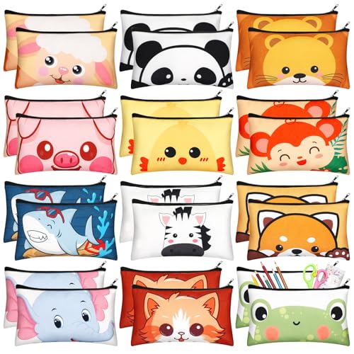 Image of Dispowreath 24 Pcs Cartoon Zipper Pencil Pouch Bulk Cute Cartoon Pencil Case Multicolored Cat Panda Pen Bag Stationery Spring Back to School First Day of School Gifts for Boys and Girls