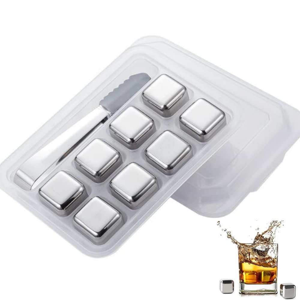 Youngsome Whiskey Stones 304 Stainless Steel Ice Cube Whiskey Chilling Rocks Reusable Ice Cube for Drinking Mens Stocking Stuffers, 8 Pack with Clip