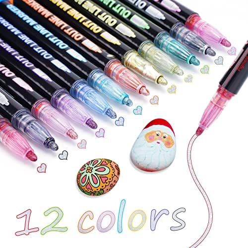 TEVILIK Double Line Outline Pens, 12 Colors Self-Outline Metallic Markers Glitter Writing Drawing Pens for Doodling, 4-12 Year Old Girl Gift Ideas, Birthday Greeting, DIY Art Crafts, Scrapbooking