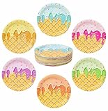 SietDESEO 60 PCS Ice Cream Paper Plates 7 Inch Disposable Dinner Plate Colorful Dessert Plates for Kids Birthday Baby Shower Party Supplies Summer Ice Cream Party Decorations