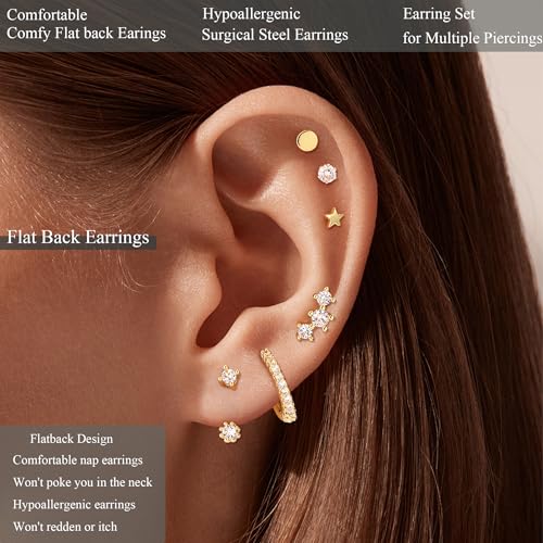 Jewdreamer Dainty Gold Flat Back Hypoallergenic Cartilage Earring Sets for Multiple Piercing - 20G Surgical Stainless Steel, Trendy Stacks, Small Hoop, Flatback Stud3